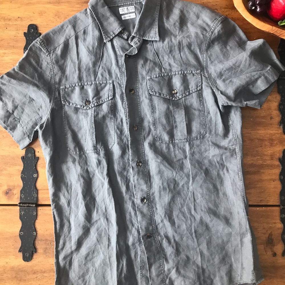 Brunello Cucinelli Men "Leisure Fit" Short Sleeve Safari Shirt Sz M Linen Cotton